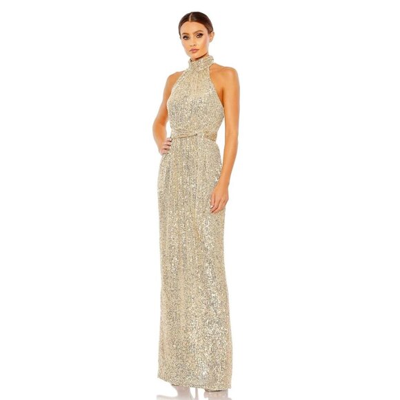 NWT Mac Duggal Sequin Halter Neck Column Gown with Tie Belt Champagne 12 #9860 - Picture 1 of 8